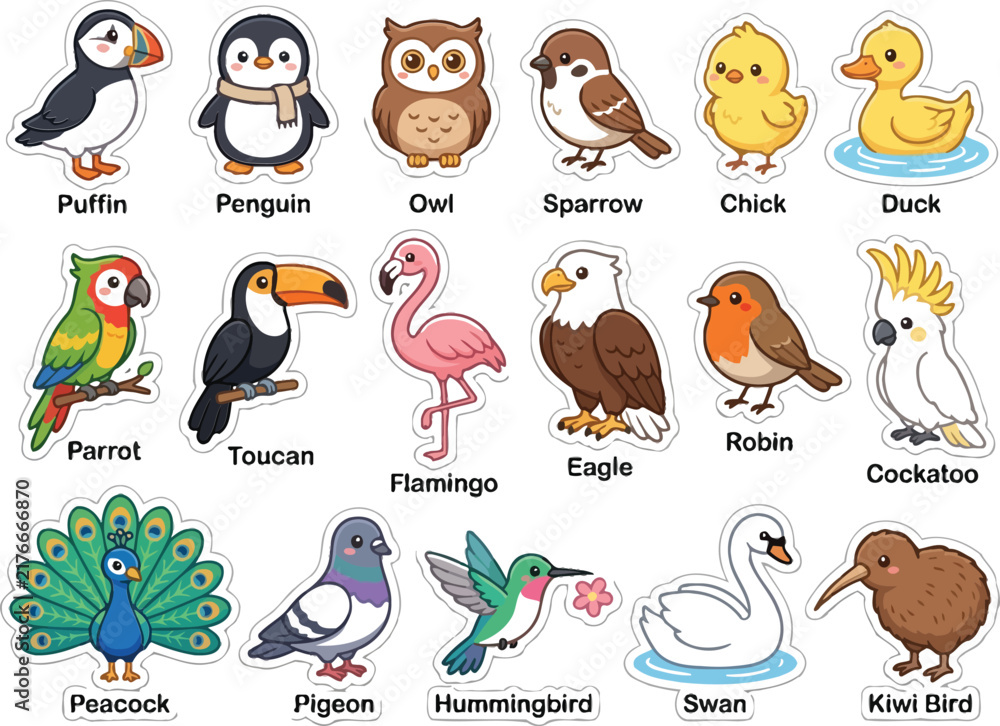Fototapeta premium Colorful cartoon birds with transparent backgrounds for educational and creative use