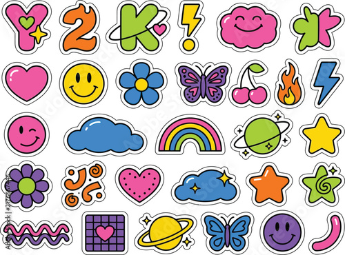 Colorful set of playful clipart stickers with various shapes and symbols