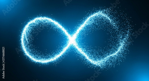 A glowing blue infinity symbol composed of sparkling particles against a dark background high-quality professional