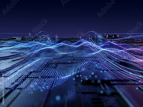 Abstract technology landscape with glowing data waves and digital circuitry