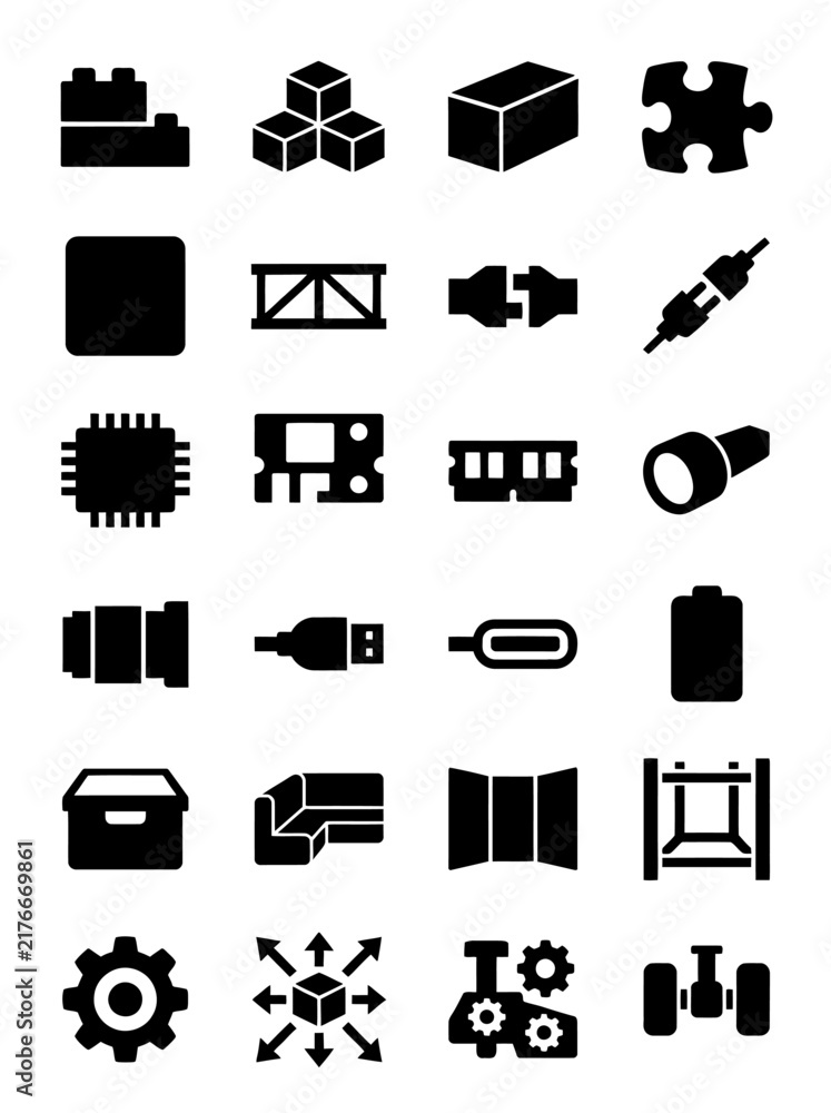 Obraz premium Technology Building Blocks And Everyday Objects Black Silhouette Icons
