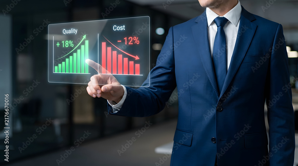 Obraz premium Businessman in a blue suit interacting with a holographic display showing a green quality graph rising by percent and a red cost graph falling by percent in an office setting featuring formal wear