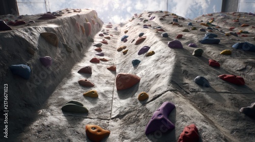 Indoor rock climbing wall with colorful holds for training and exercise.