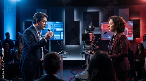 Politicians Debate On Stage In Television Studio With Audience And Cameras