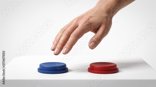 Human hand hovering over two colored buttons, blue and red, representing choice and decision making