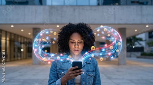 Woman engrossed in smartphone with social media icons and light trails swirling around her head
