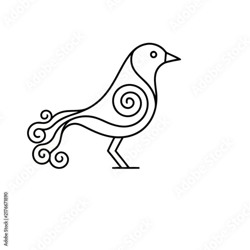 Stylized bird illustration with swirling tail feathers