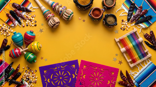 Mexican culinary and cultural elements featuring molinillos wooden toys and spices on yellow flat lay
