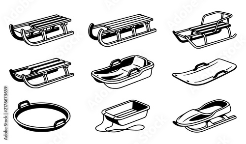 Konstfotografi Bold Winter Sled Icon Set with Wooden Toboggan and Plastic Snow Saucer Vector Il