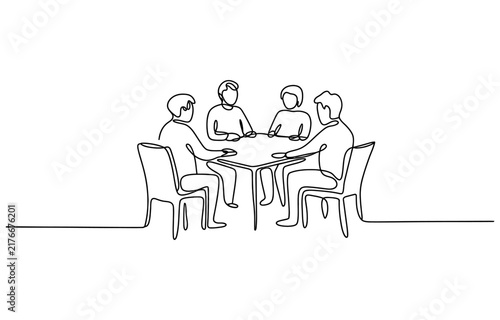 Continuous one line drawing of a group of people sitting at a table having a business meeting or discussion Vector, illustration