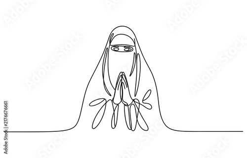 Foto Continuous single line drawing of a woman wearing a niqab veil praying with hand