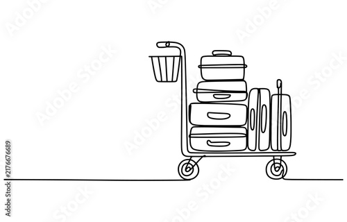 Continuous single line drawing of an airport luggage cart with many suitcases and bags for travel Vector, illustration