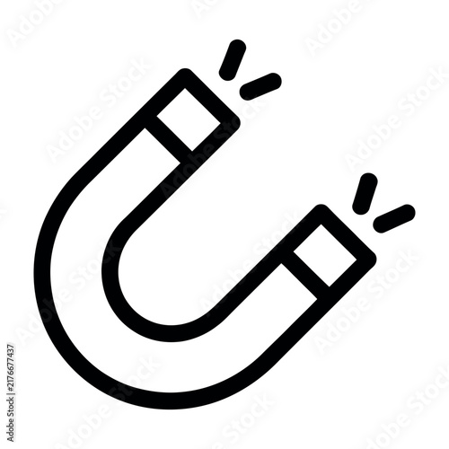 Hand-traced magnet vector icon illustration featuring a classic horseshoe shape with bold black outlines, magnetic attraction lines radiating from both poles, simple minimalist line art on white
