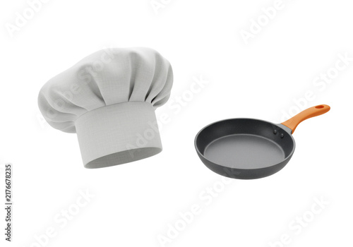 A professional chef's hat and a non-stick sauté pan with an orange handle floating in zero gravity against a white background. Modern culinary excellence concept