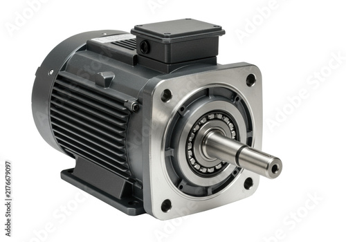 A modern industrial electric servo motor with a dark metallic casing, isolated on a transparent background with copy space. Concept of high-tech engineering precision
