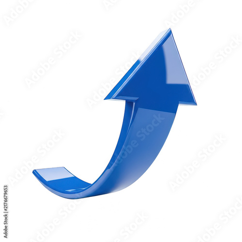 Blue glossy 3D arrow pointing up isolated on white background for business growth concept