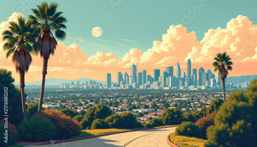 Landscape with palms, suburban houses in the first plan and downtown city center in the background. Los Angeles Art Deco travel poster. Handmade drawing
