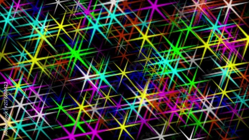 Abstract colorful glowing stars moving on black background
