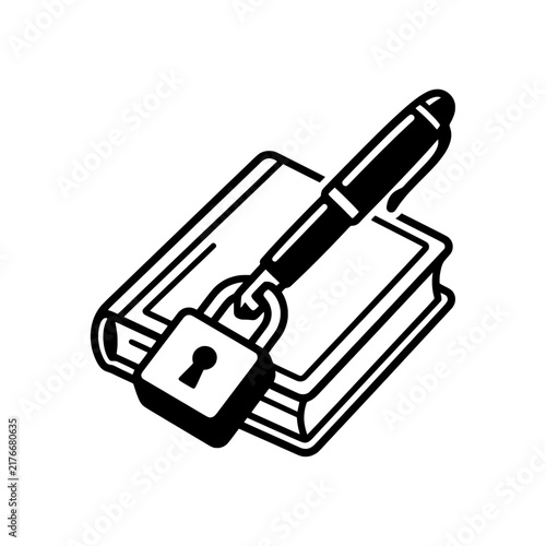 Locked Diary Book with Pen Vector Illustration - Secret Journal Security Line Art Icon