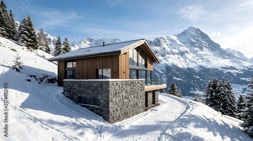 Modern wooden chalet nestled in the snowy Swiss Alps with mountain views.