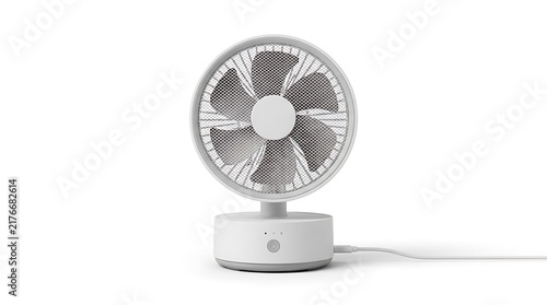 Minimalist White Desktop Electric Fan with USB Power Cable for Office and Personal Cooling Solutions on a Clean Background