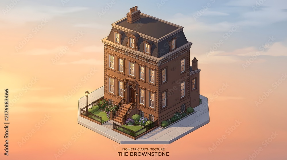 Obraz premium Isometric illustration of a classic brownstone townhouse building at sunset.