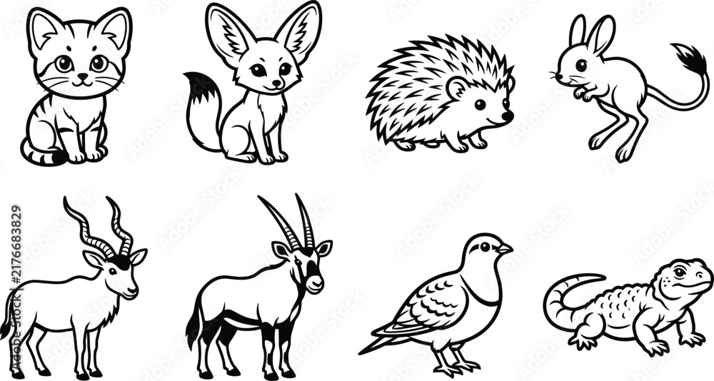 Fototapeta premium Cute Animal Collection Featuring Cat Fox Hedgehog Hare Goats Bird and Lizard Line Art Illustrations