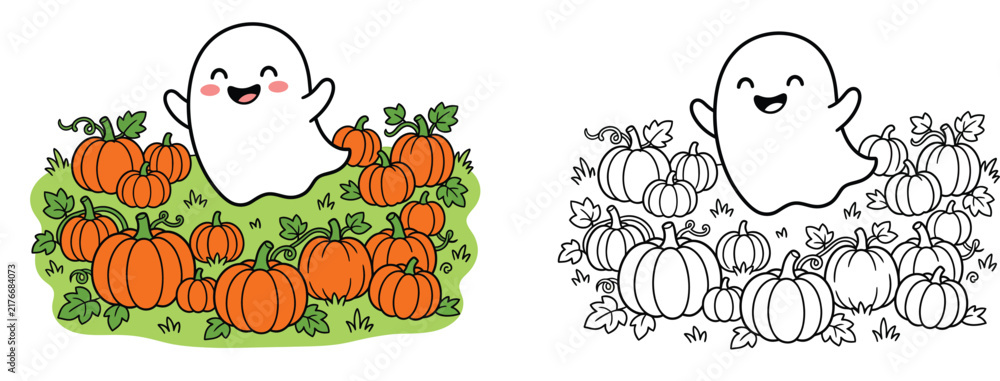 Fototapeta premium Cute Halloween ghost with pumpkins vector illustration and black and white coloring page for kids.