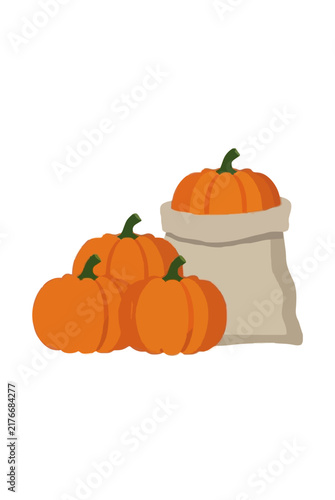 Fall harvest pumpkins piled beside canvas bag vector icon illustration, autumn seasonal produce farm market pumpkins with reusable burlap sack, hand drawn flat design style artwork