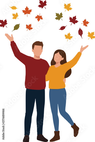 Young happy couple throwing colorful autumn leaves in the air vector illustration, flat design character icon for fall season celebration and nature concept - detailed commercial stock imagery with