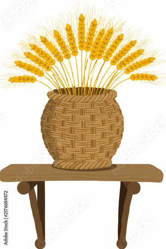 Beautiful Hand Woven Wicker Basket Overflowing with Golden Harvested Barley Grain Stalks Displayed on Vintage Rustic Wooden Shelf Country Farm Decoration Vector Icon Illustration