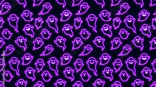 Seamless pattern with cute neon purple ghost characters on a dark black background for halloween party celebration and spooky holiday decorations