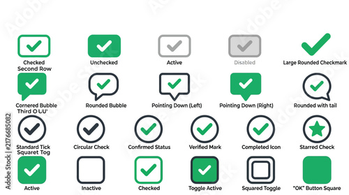 Flat style green checkmark and toggle icons with descriptive text labels for application design.
