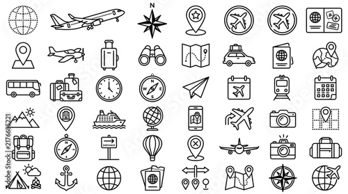 Black and white travel and tourism icons set for journey planning and vacation adventures.