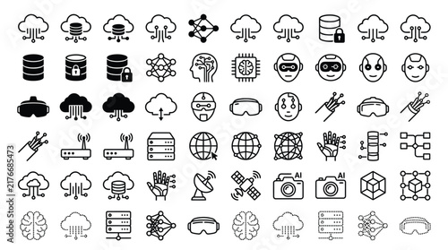 Artificial intelligence and cloud computing network icons for modern technology infrastructure.