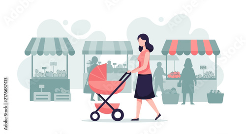 Street market kiosk with fresh produce and stroller in flat vector design