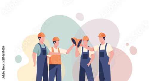 Two male construction workers wearing hard hats and protective workwear standing together in flat vector style