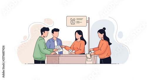 Two young men standing by a reception desk holding paperwork in a modern office
