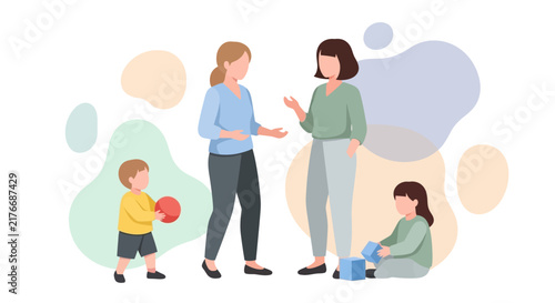 Woman and toddler playing with red ball in minimalist flat style vector