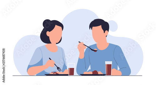 Woman eating meal with fork in vector flat art style