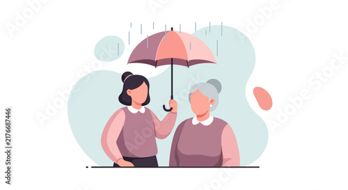 Woman holding umbrella in rainy weather vector illustration