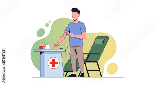 Blood donation concept with donor arm and medical desk in flat vector style