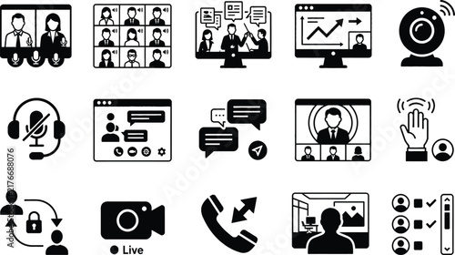 Modern Video Conferencing and Communication Icons Set for Digital Meetings
