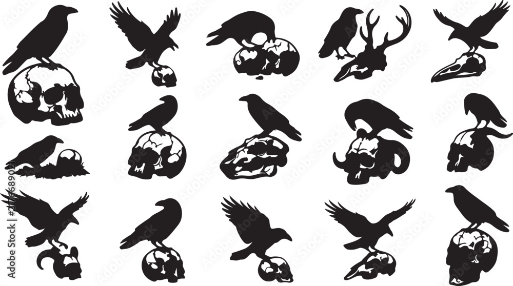 Naklejka premium Black crow and raven birds flying and perching in different poses