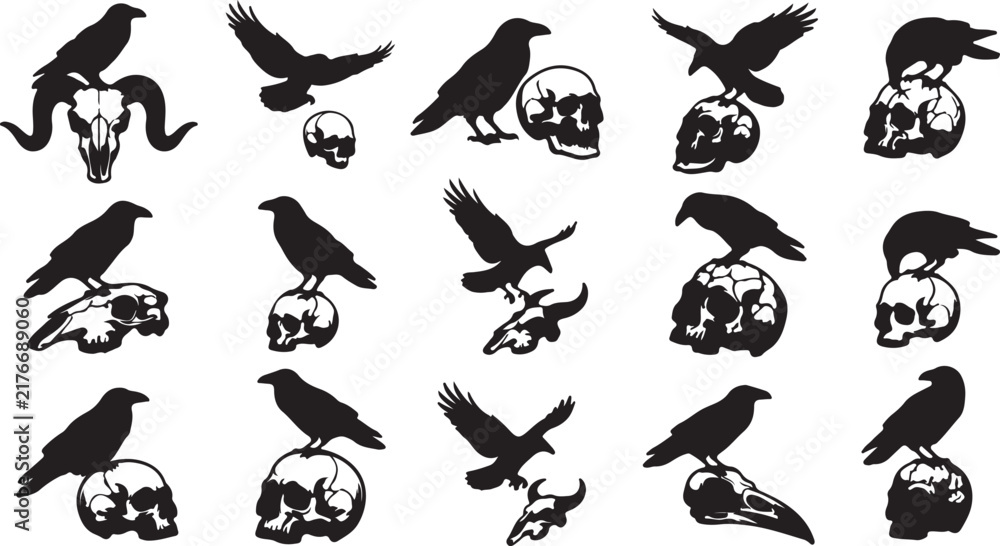 Naklejka premium Black crow and raven birds flying and perched with skulls vector set