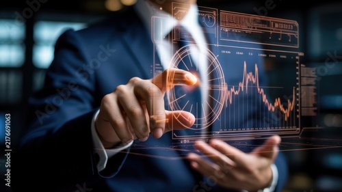 Professional businessman interacting with a futuristic digital financial stock market data interface