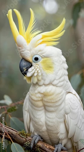 Close-up portrait video of a white sulphur-crested cockatoo perched on a tree branch, gently tilting its head and raising its vibrant yellow crest feather