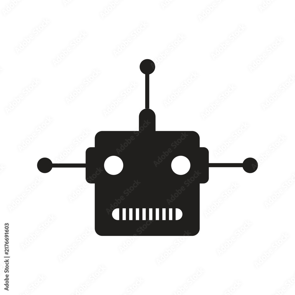 Fototapeta premium Simple black robot head icon with antenna and side sensors