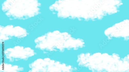 Hand drawn fluffy white clouds on vibrant light blue sky digital illustration background.