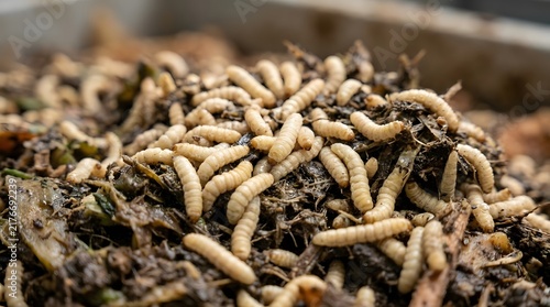 Dense cluster of young black soldier fly larvae decomposing organic compost heap
